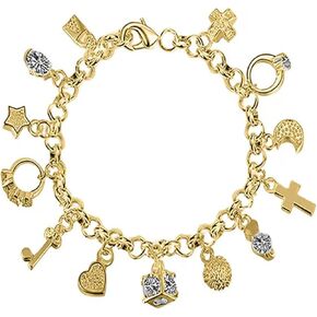 18K Gold Charm Bracelet. Thirteen Hanging Link Bracelet Fine Jewelry Chain Bracelet Gift for Women