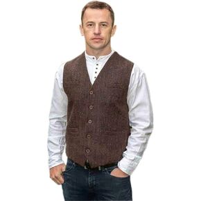 Emerald Isle Men's Herringbone Tweed Vest, 5-Button Closure, Wool Blend, Adjustable Back Strap