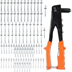 Rivet Gun, Manual Professional Hand Riveter, 3/32", 1/8", 5/32", 3/16" Rivets, Heavy Duty Pop Car Rivet Gun Kit for Metal, Plastic and Leather