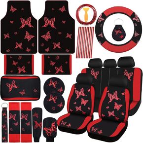 BBTO 47 Pcs Red Black Butterfly Car Seat Full Set Butterfly Car Accessories for Women 5 Front Rear Seat Covers Wrist Strap 2 Pieces Cup Mat Armrest Pad 2 Seat Belt Cover Accessories for SUV Car