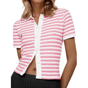 Saodimallsu Womens مخططة مخطط قصير الأكمام سترة أعلى البولو Collared زر الكروشيه الصيف cardigan