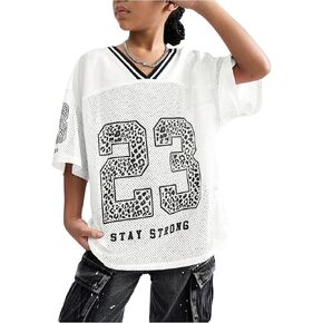 Girl's Jersey Shirts Leopard Number Print Jersey Shirt Cheetah V Neck Half Sleeve Oversized Tee Tops