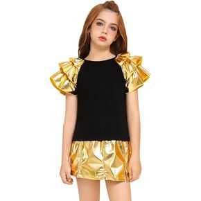 Perfashion Girls Shirts Metallic Ruffle Sleeve Tops Crewneck Summer Tees Hip Hop Dance Party 4-13Y