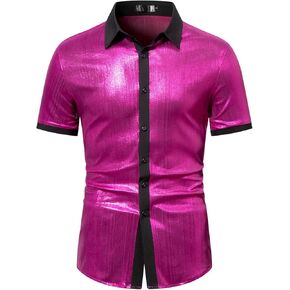 Mens Metallic Shiny Short Sleeve Shirts 70s Disco Gold Silver Button Down Shirts Nightclub Outfits Costume