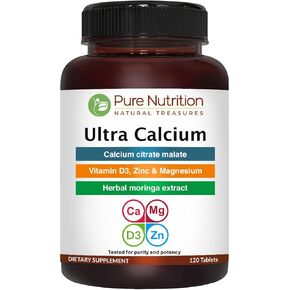 Pure Nutrition Ultra Calcium 1000mg with VIT D3 + K2 | 120 Tab | Highly absorbable Calcium Supplement with Calcium Citrate Malate, VIT D3, K2, Moringa Oleifera, Magnesium and Zinc.