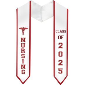 سرق التخرج الممرضة مع الشعار الطبي - فئة 2025 خريجة التمريض SASH الممرضات School Stoles Gift ، النسيج الأبيض ونص التطريز الأحمر (الأبيض والأحمر)