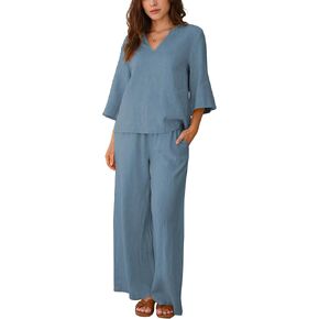 Hixiaohe Womens 2 Piece Outfits Casual 3/4 Sleeve V Neck Tops Wide Leg Pants Linen Lounge Sets Tracksuits Travel Outfits