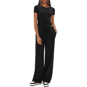 Darong Women's 2 Piece Outfits Casual Short Sleeve Pullover Tops and Wide Leg Pants Tracksuits Lounge Sets Trendy Clothes