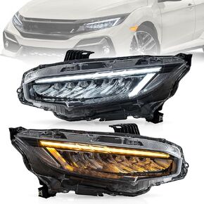 مجموعة المصابيح الأمامية VLAND متوافقة مع الجيل العاشر من Honda Civic Sedan/Coupe/Hatchback/Type R 2016-2021 W/DRL الديناميكي لبدء التشغيل DRL، ضوء أمامي LED مع إشارة انعطاف تسلسلية، Plug-n-Play