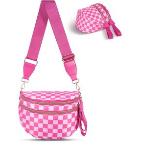 Checkered Crossbody Bag,Nylon Bum Bags for Women Crossbody,Spacious Sling Bag Purse Fanny Packs with Shoulder Strap