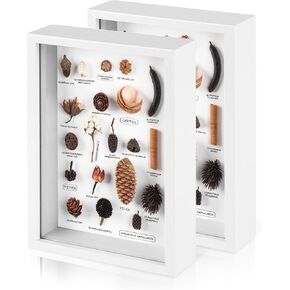 2 Pack 5x7 Small Shadow Box Frame with Plexiglass, Wood Frame Display Case Box for Memorabilia, Dried Flowers, Medal, Crafts, Tickets and Photos (White, 5x7)
