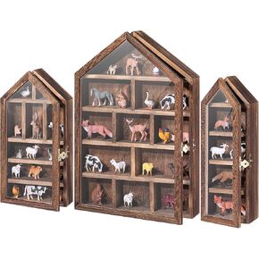 Set of 3 Shadow Cubby Boxes Wooden House Shaped Display Shelf 10 x 15 Inch Large Wall Mounted Display Storage Shelves for Mini Figures Curio Trinket Medals Crafts Collections(Brown)