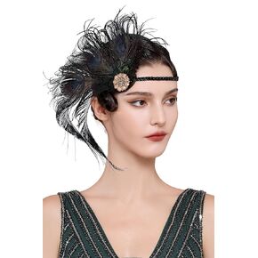 BABEYOND 1920s Flapper Peacock Feather Headband Roaring 20s Beaded Showgirl Headpiece 1920s Great Gatsby Costume Hair Accessories (Blue & Green)