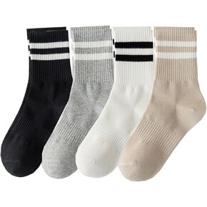 Deeorla Womens Striped Crew Socks Brown Vintage Retro Athletic Socks 5 Pairs