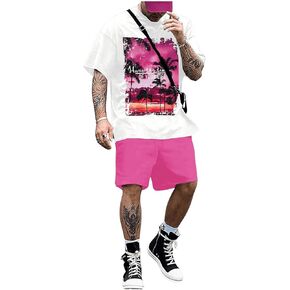 GORGLITTER Men's Two Piece Outfits Palm Tree Graphic Short Sleeve T Shirt and Drawstring Waist Pocket Shorts