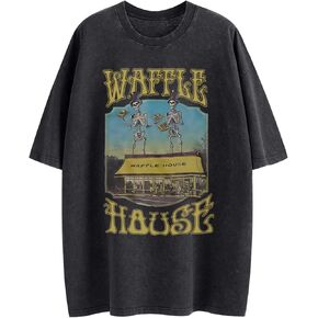 قميص Waffle House قميص خمر غسل Tshirt للرجال القمصان الهيب هوب الضخمة المضحكة هيكل عظمي محمل