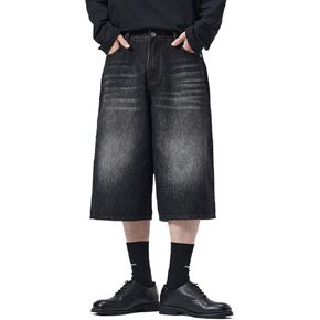 Men's Wide Leg Capri Jeans Loose-Fit Ripped Hip Hop Denim Shorts Pants