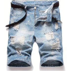 Men's Denim Shorts with 5 Point Torn Buttons Casual Classic Version Summer Fashion Washed and Vintage Style