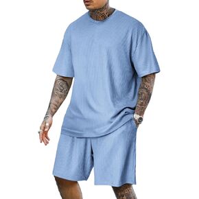 Lexiart Mens Disual 2 Outfits-Short Sleeve مجموعة رياضية كبيرة الحجم.