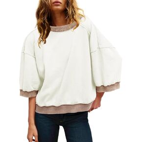 Panadila Womens كبير الحجم قصير الأكمام من النوع الثقيل Crewneck 3/4 قمم الأكمام
