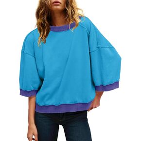 Panadila Womens Oversized Short Sleeve Sweatshirt Crewneck 3/4 Sleeve Tops Summer Cute Color Block Pullover Sweatshirt in Saudi Arabia