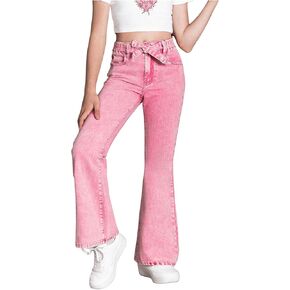 WDIRARA Girl's High Waist Flare Leg Jeans Washed Belted Y2k Denim Pants with Pockets