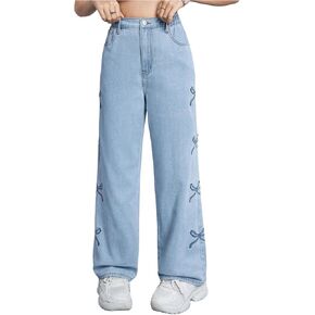 Milumia Girl's High Waist Wide Leg Jeans Trendy Bow Denim Pants with Pockets