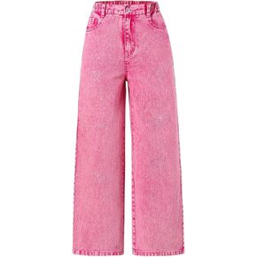 WDIRARA Girl's Glitter Heart Pattern Wide Leg Jeans Elastic High Waist Y2k Denim Pants
