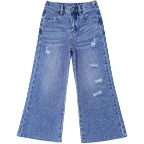 KIDSCOOL SPACE Girls Slim Fit Wide-Leg Jeans, Raw Edge Hem Ripped Holes Denim Pants