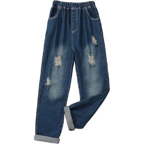 Tween Girls 8-12Y New Ripped Jeans Elastic Waist Pull On 100% Cotton Relaxed Fit Pants