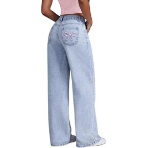 Baggy Jeans for Women Teen Girls Bow Cute Denim Jeans High Waisted Straight Leg Pants Aesthetic Scene Clothes
