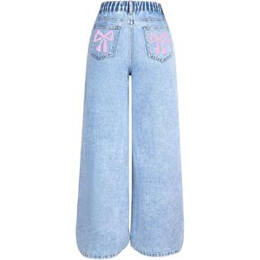 WDIRARA Girl's Bow Print Wide Leg Baggy Jeans Y2k Elastic High Waist Denim Pants