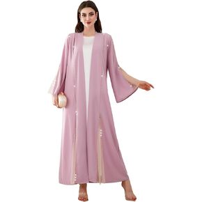 Elegant Beaded Abaya, Open Front Long Sleeve Maxi Outerwear, Modest Cover-Up with Crystal Trim, NO INNER, Lilac