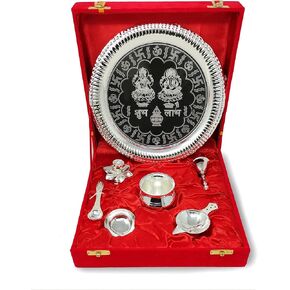 Pooja Thali Set Silver Plated with Red Gift Box Designed 22 cm Puja Plate Kalash Bowl Ghanti Spoon Dhup Dan Diya for Home Office Diwali Wedding Return Gift Items