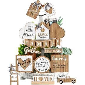 Yaomiao 21 Pcs Farmhouse Tiered Tray Decor Set Rustic Farmhouse Wood Sign Decor Items Vintage Rustic Family Gather Blessed Tiered Tray This is Our Happy Place Sign for Home Kitchen Table Shelf