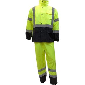 New York Hi-Viz Workwear RK Safety RW-CLA3 Class 3 بدلة المطر ، سترة ، سروال عالي الرؤية قاع أسود عاكس
