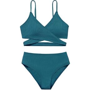 Girls 2 Piece Swimsuits Ribbed Criss Cross Strap Bikini Sets Swimming Bathing Suit for Teen Girls Swim Suit