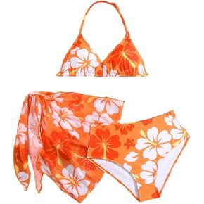 OYOANGLE Girl's 3 Piece Bikini Sets Floral Print Halter Triangle High Cut Swimsuits with Cover Up Skirt