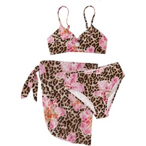 Girl's 3 Piece Floral Leopard Bathing Suit O Ring Padded Bikini Set Swimsuits with Beach Skirt
