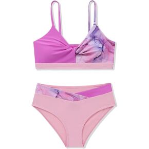Girls 2 Piece Swimsuit Bikini Set Color Block Tropical Floral Bathing Suit Girls' Cute Swimwear