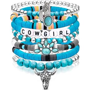 Cute Western Cowgirl Bracelets for Women Girls Beaded Stackable Stretch Bracelets Cowgirl Hat Boot Charms Bohemian Jewelry Gifts