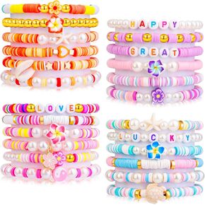 24 Pcs Friendship Bracelets Heishi Preppy Flower Clay Bead Bracelets Set Colorful Beaded Bracelets for Women Teens Boho Summer Beach Jewelry Stackable Stretch Bracelet Set with Cute Preppy Designs Perfect for Gifts and Parties