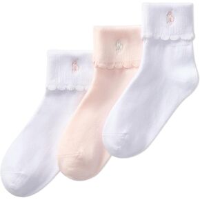 POLO RALPH LAUREN Girls Scalloped Edge Turn Cuff Ankle Socks 3 Pair Pack Sustainable Cotton Comfort