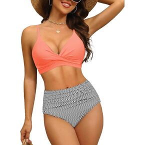 Women's High Waisted Bikini Set Push Up V Neck Ruched Bottom Stylish Two Piece Swimsuit Bathing Suit