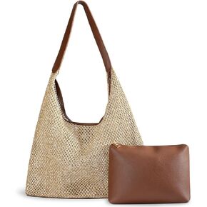 Straw Beach Bags for Women- Beach Bags for Women, Mesh Tote Bag Leather Hobo Purse with Pouch for Vacation, Travel Essentials