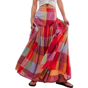Women's Multicolour Plaid Print Ruched High Waist Casual Maxi Skirt