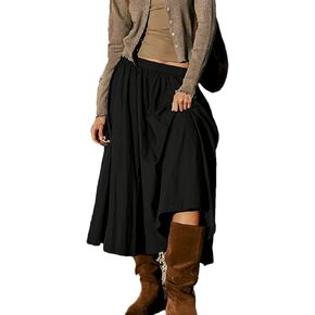 Zontroldy Women's Fashion Midi Skirt Elastic Waist Pleated Casual Cotton Long Skirts with Pockets