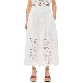 Women's White Cotton Embroidered Midi Skirt