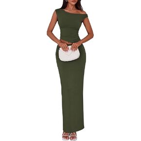PRETTYGARDEN Maxi Skirt Sets Women 2 Piece Outfits Summer 2025 Spring One Shoulder Sleeveless Ruched Bodycon Long Skirts