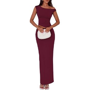 PRETTYGARDEN Maxi Skirt Sets Women 2 Piece Outfits Summer 2025 Spring One Shoulder Sleeveless Ruched Bodycon Long Skirts in Kuwait